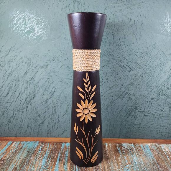 Boho Chic Hand Carved Wooden Vase with Floral Design and Jute Twine Accent - Picture 1 of 10